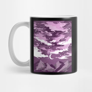 Pink cloudy sky above mountains with a crescent moon Mug